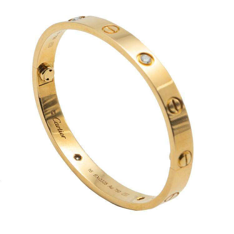 Pre Owned Cartier Love Yellow Gold 4 Diamonds Bracelet Size 16