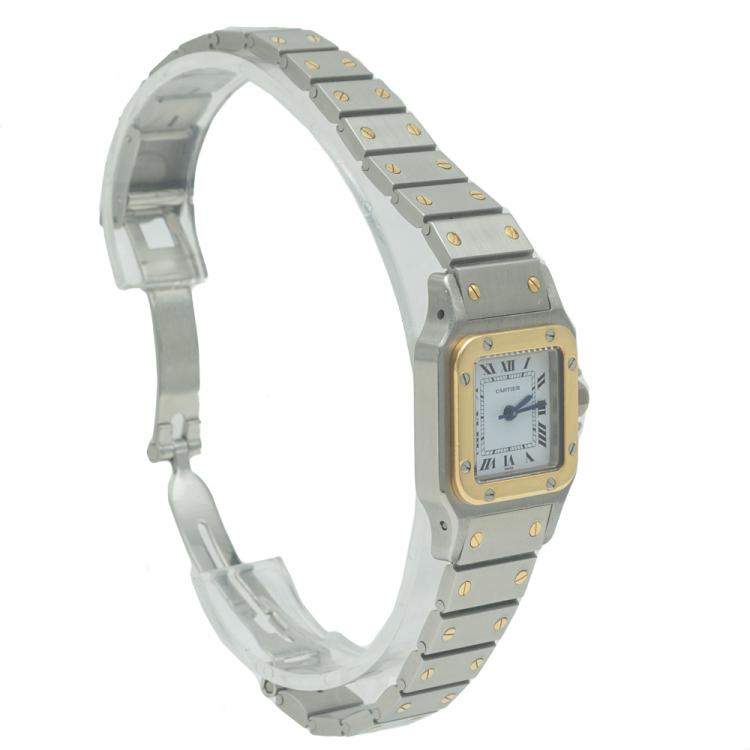 Pre Owned Cartier White Santos Steel & Yellow Gold Automatic Women'S Watch 24MM