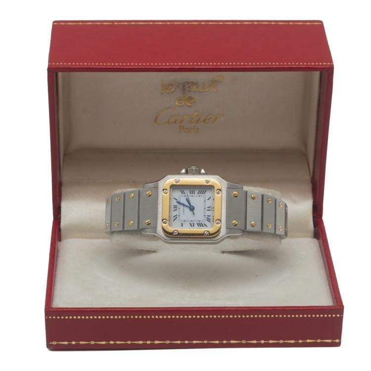 Pre Owned Cartier White Santos Steel & Yellow Gold Automatic Women'S Watch 24MM