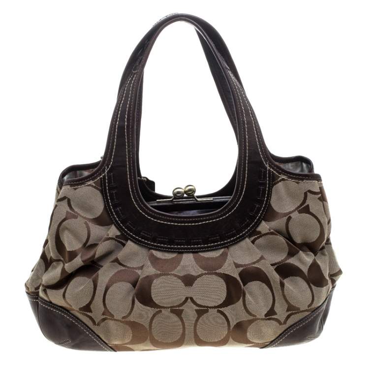 Pre Owned Coach Beige/Brown Signature Canvas and Leather Kiss Lock Shoulder Bag 