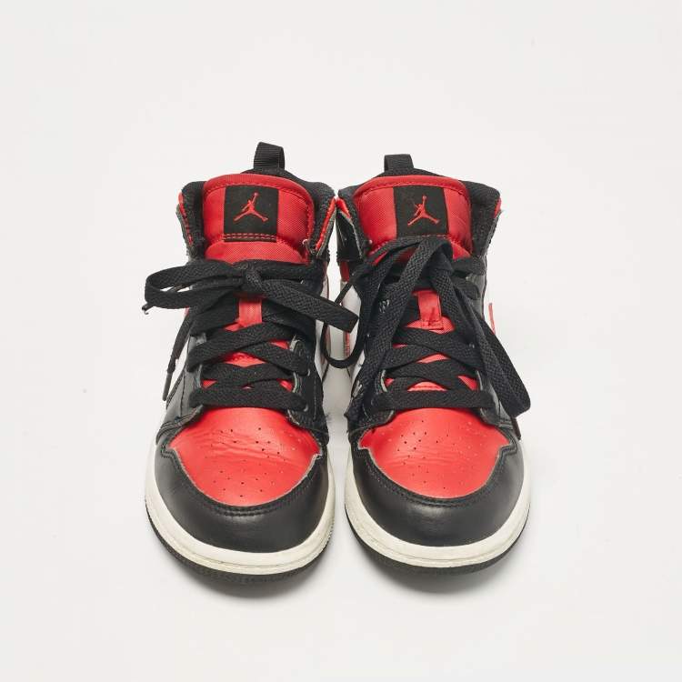 Pre Owned Air Jordans Tricolor Leather Jordan 1 Mid PS Black Fire Red Sneakers Size 31 (kids) 