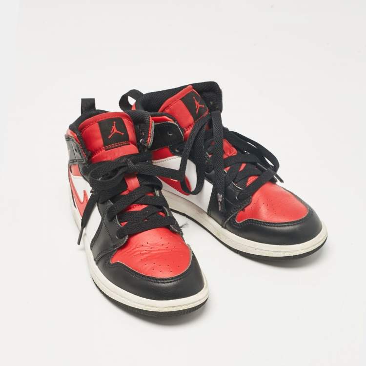 Pre Owned Air Jordans Tricolor Leather Jordan 1 Mid PS Black Fire Red Sneakers Size 31 (kids) 