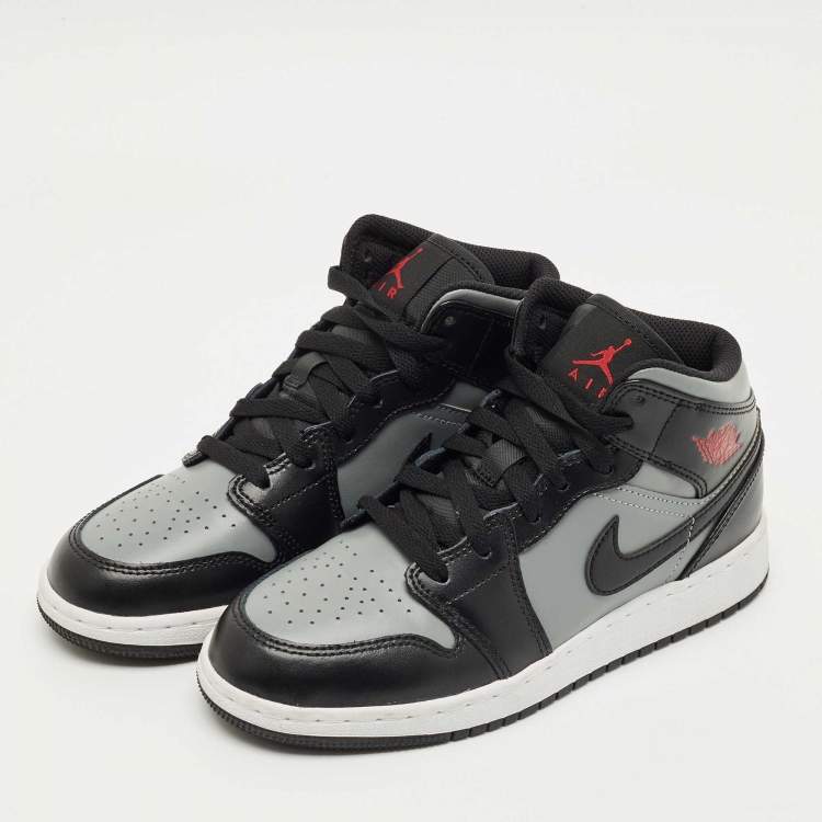 Pre Owned Air Jordans Black/Grey Leather Jordan 1 Mid Shadow Red Sneakers Size 37.5