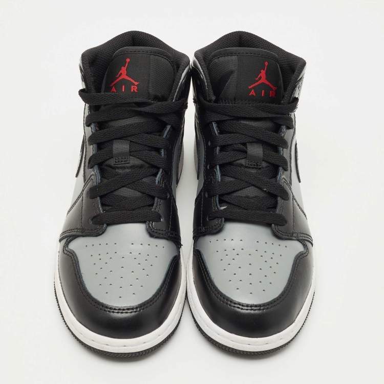 Pre Owned Air Jordans Black/Grey Leather Jordan 1 Mid Shadow Red Sneakers Size 37.5