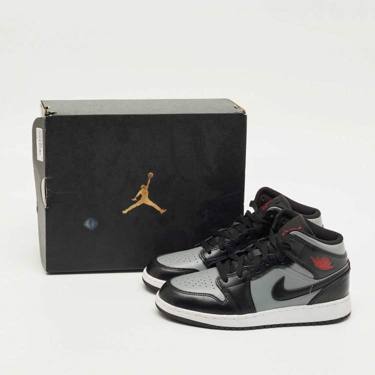 Pre Owned Air Jordans Black/Grey Leather Jordan 1 Mid Shadow Red Sneakers Size 37.5