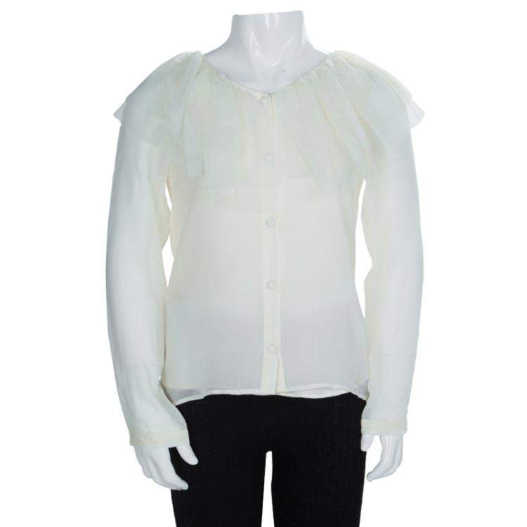 Pre Owned Baby Dior Cream Tulle Ruffle Detail Long Sleeve Silk Blouse 10 Yrs