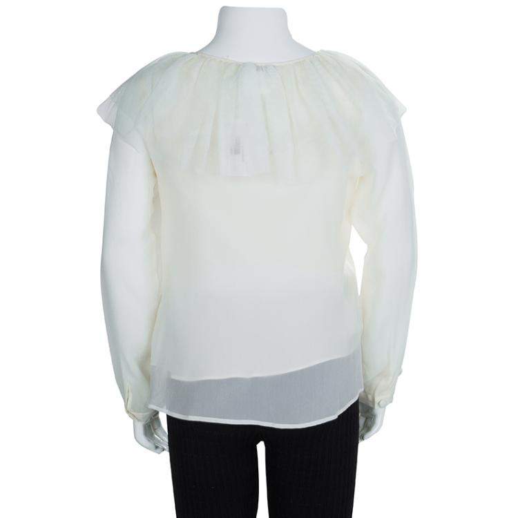 Pre Owned Baby Dior Cream Tulle Ruffle Detail Long Sleeve Silk Blouse 10 Yrs