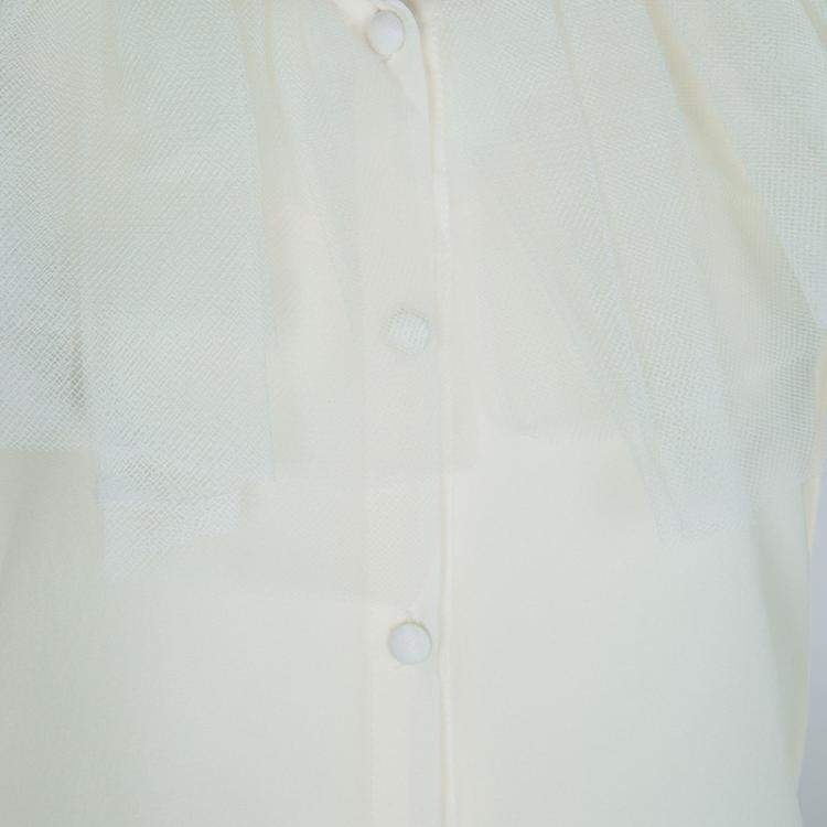 Pre Owned Baby Dior Cream Tulle Ruffle Detail Long Sleeve Silk Blouse 10 Yrs