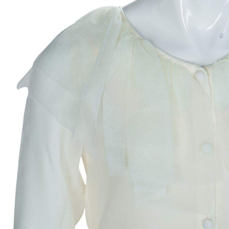 Pre Owned Baby Dior Cream Tulle Ruffle Detail Long Sleeve Silk Blouse 10 Yrs