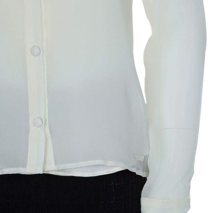 Pre Owned Baby Dior Cream Tulle Ruffle Detail Long Sleeve Silk Blouse 10 Yrs