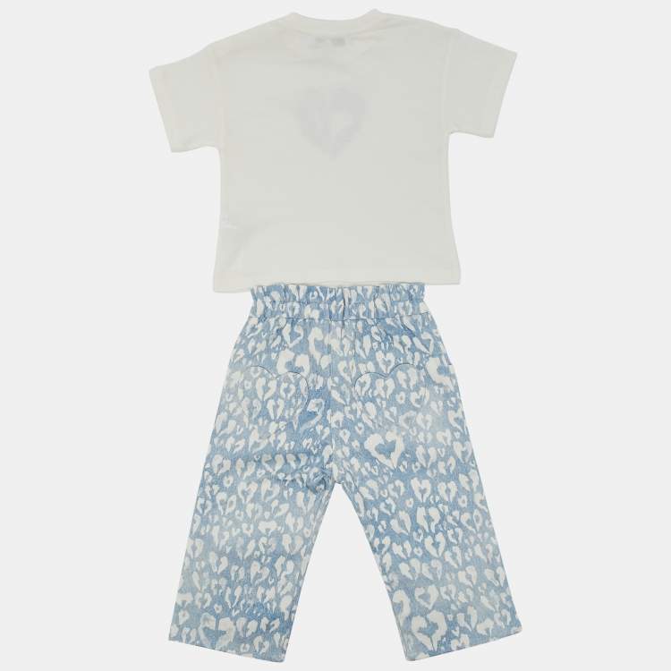 Pre Owned Baby Dior Blue/White Heart Print Cotton Top and Pants Set 9M