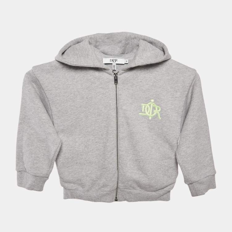 Pre Owned Baby Dior Grey Logo Embroidery Cotton Knit Zip-Up Hooded Jacket 24 M