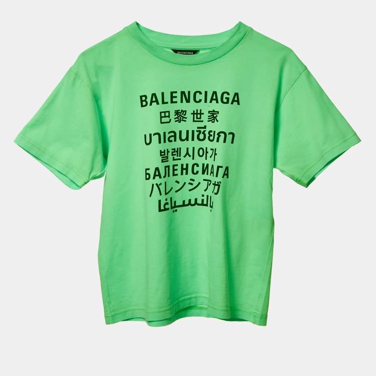 Pre Owned Balenciaga Kids Florescent Green Printed Cotton Crew Neck T-Shirt 10 Yrs