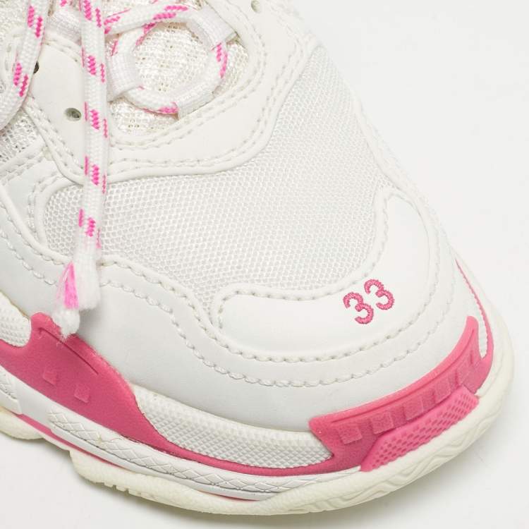 Pre Owned Balenciaga White/Pink Leather and Mesh Triple S Platform Sneakers Size 33