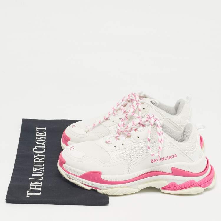 Pre Owned Balenciaga White/Pink Leather and Mesh Triple S Platform Sneakers Size 33