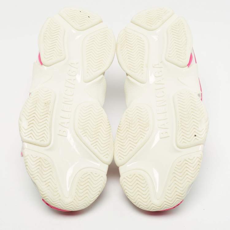 Pre Owned Balenciaga White/Pink Leather and Mesh Triple S Platform Sneakers Size 33