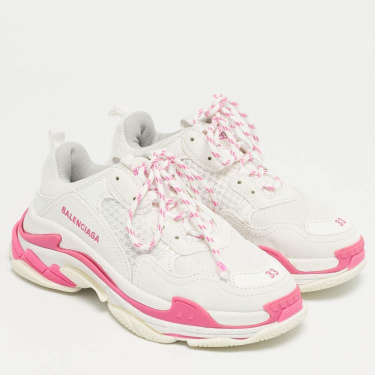 Pre Owned Balenciaga White/Pink Leather and Mesh Triple S Platform Sneakers Size 33