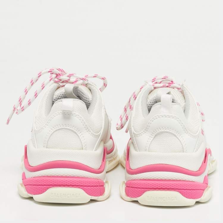 Pre Owned Balenciaga White/Pink Leather and Mesh Triple S Platform Sneakers Size 33