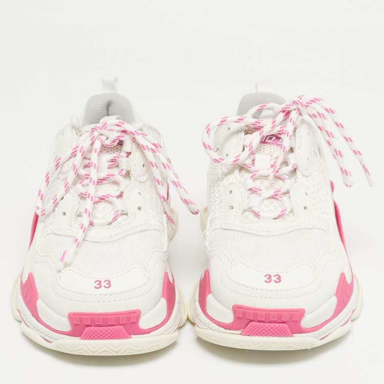 Pre Owned Balenciaga White/Pink Leather and Mesh Triple S Platform Sneakers Size 33