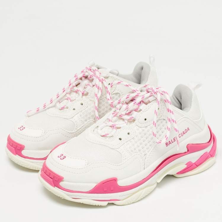 Pre Owned Balenciaga White/Pink Leather and Mesh Triple S Platform Sneakers Size 33