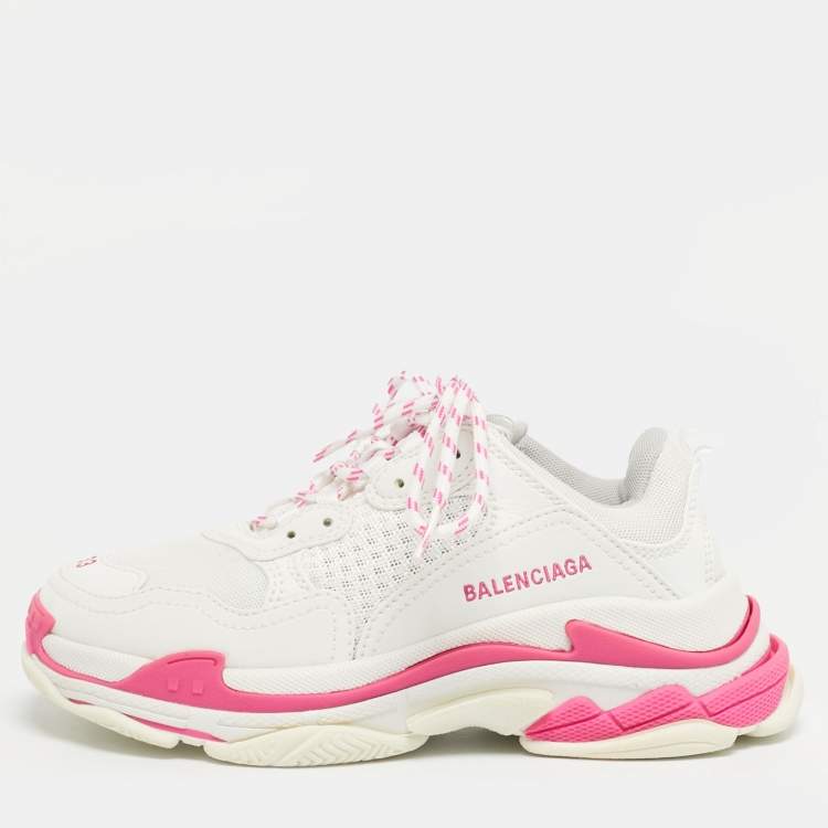 Pre Owned Balenciaga White/Pink Leather and Mesh Triple S Platform Sneakers Size 33