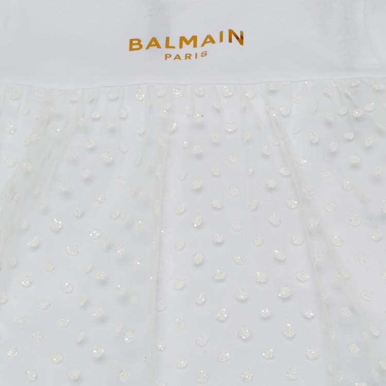 مملوكة مسبقًا Balmain Kids White Polka Dots Gillter Cotton and Tulle Set 9M