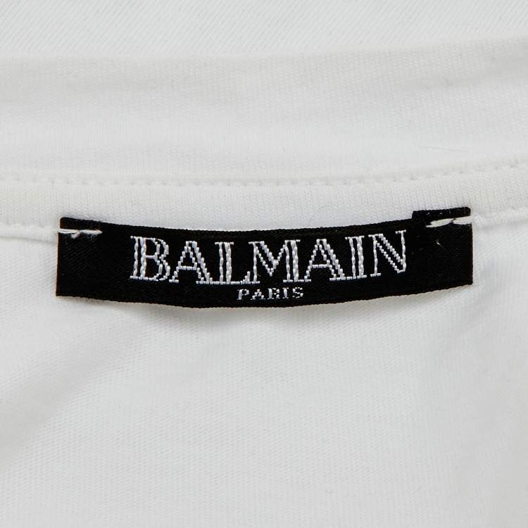 Pre Owned Balmain Kids  White/Black Logo Applique Cotton T-Shirt 10 Yrs 