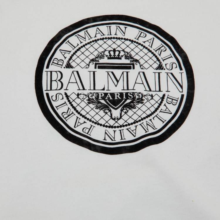 Pre Owned Balmain Kids  White/Black Logo Applique Cotton T-Shirt 10 Yrs 