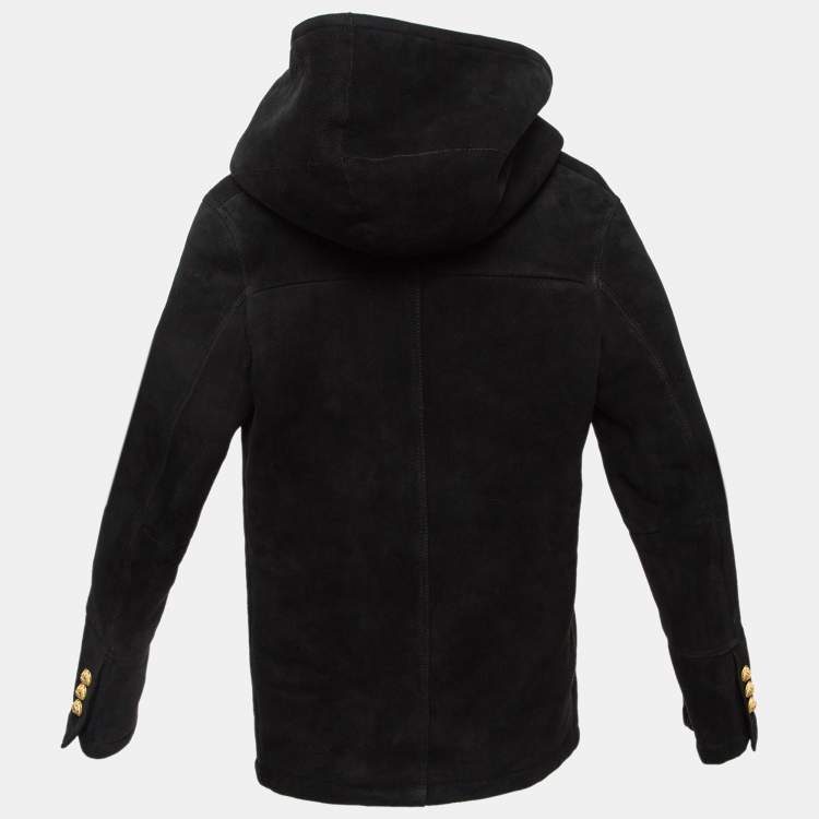 Pre Owned Balmain Black Wool Hooded Double Breast Shearling Coat 10A