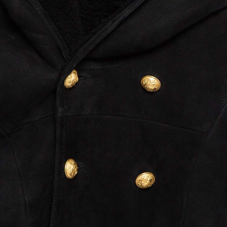 Pre Owned Balmain Black Wool Hooded Double Breast Shearling Coat 10A