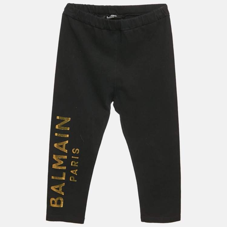 Pre Owned Balmain Kids Black Logo Foil Print Cotton Knit Leggings 24 M
