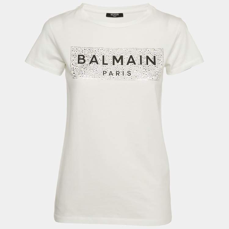 Pre Owned Balmain Kids White Logo Embellished Cotton Crew Neck T-Shirt 12 Yrs