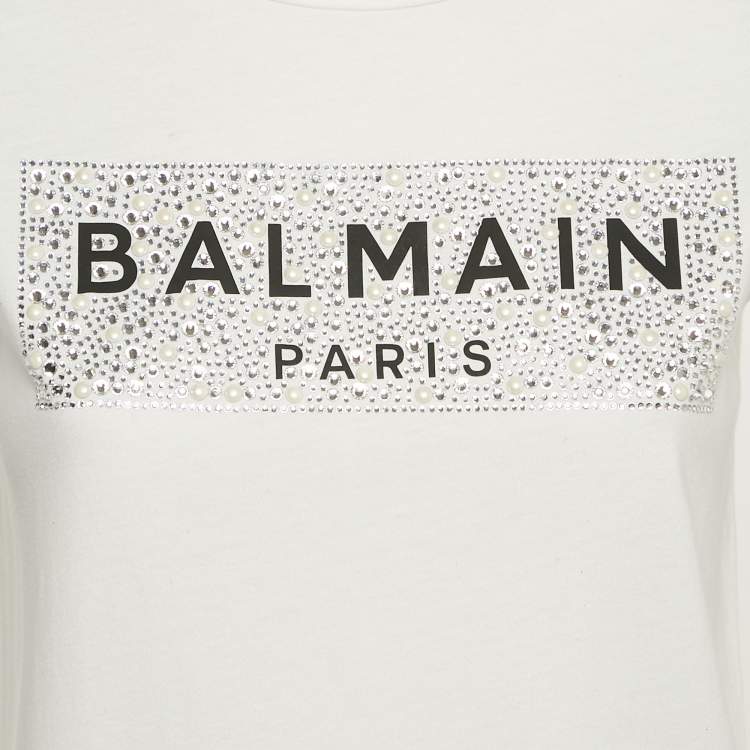 Pre Owned Balmain Kids White Logo Embellished Cotton Crew Neck T-Shirt 12 Yrs
