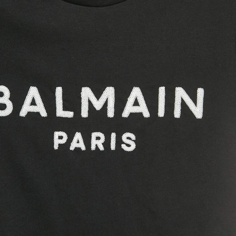 Pre Owned Balmain Kids Black Logo Sequin Cotton T-Shirt 4 Yrs