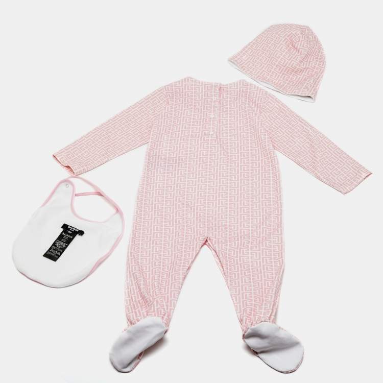 Pre Owned Balmain Kids Pink Monogram Cotton Onesie Set 18M