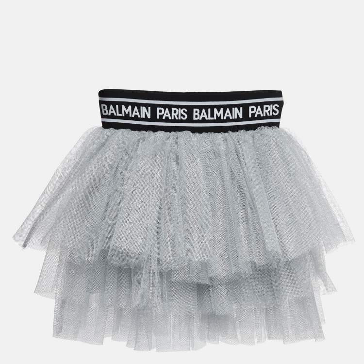 Pre Owned Balmain Metallic Silver Tulle Tiered Skirt (10 Yrs)