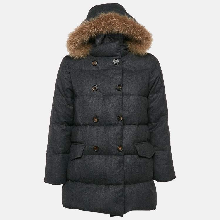 Pre Owned Brunello Cucinelli Grey Fur Trim Wool Down Jacket 10 Yrs