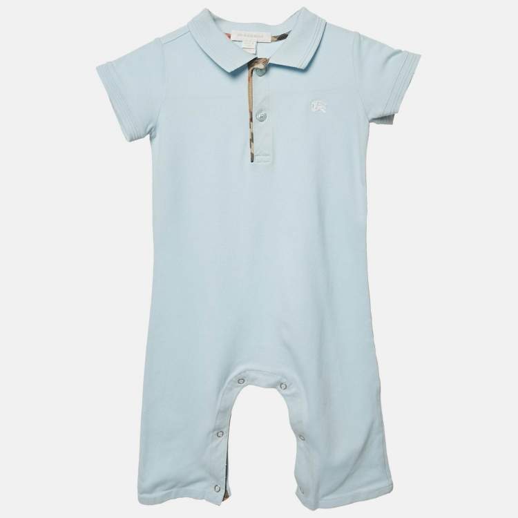 Pre Owned Burberry Kids Blue Cotton Pique Romper 12M