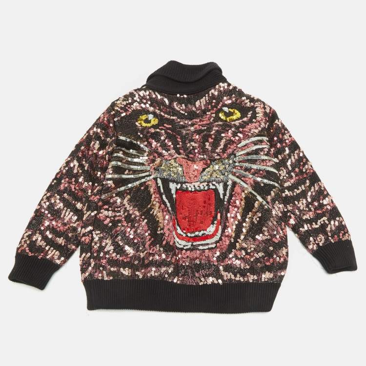 Pre Owned  Gucci Kids Black /Print Tiger Sequins Cardigan 8Yrs 