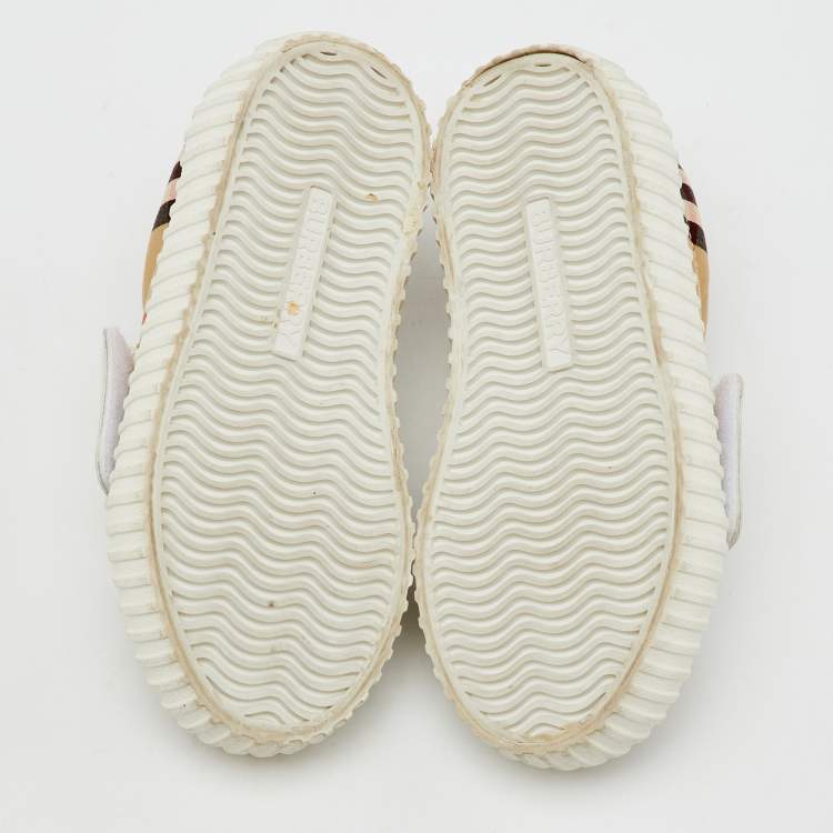 Pre Owned Burberry Beige/White Neutral Mark Check Fabric and Leather Velcro Sneakers Size 29