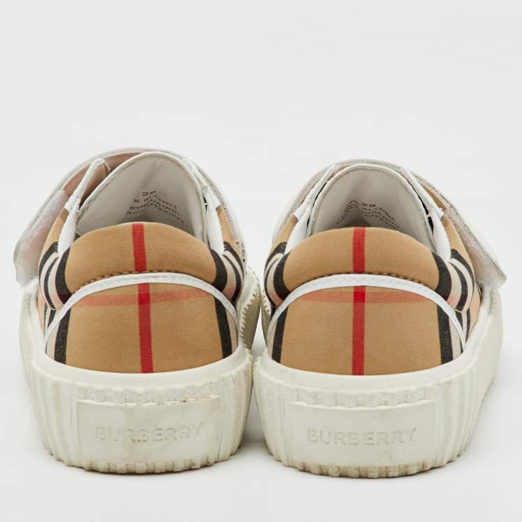 Pre Owned Burberry Beige/White Neutral Mark Check Fabric and Leather Velcro Sneakers Size 29