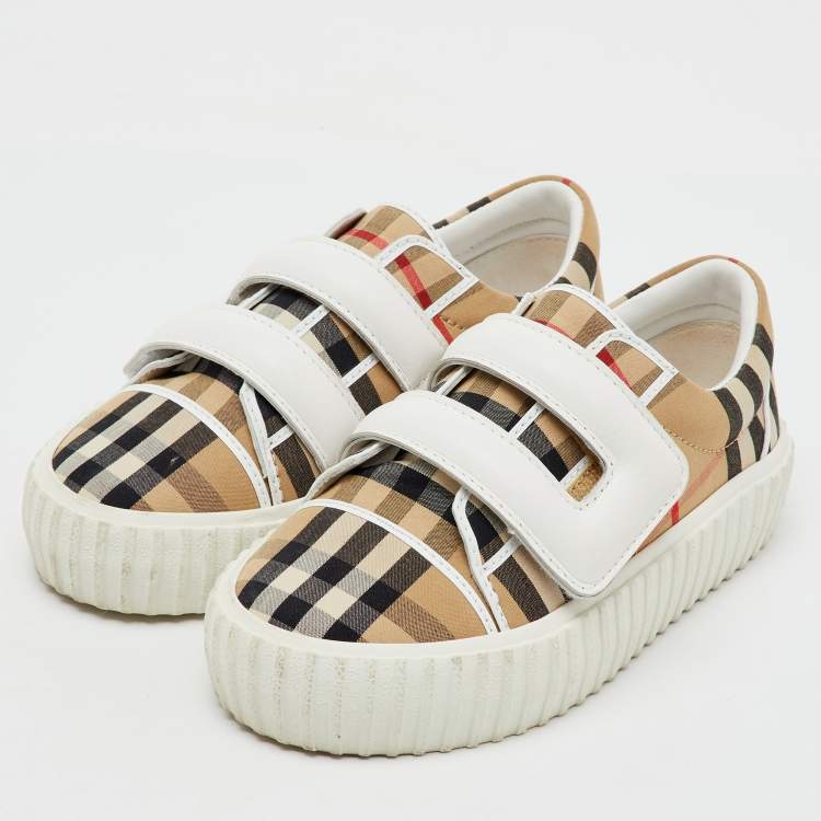 Pre Owned Burberry Beige/White Neutral Mark Check Fabric and Leather Velcro Sneakers Size 29