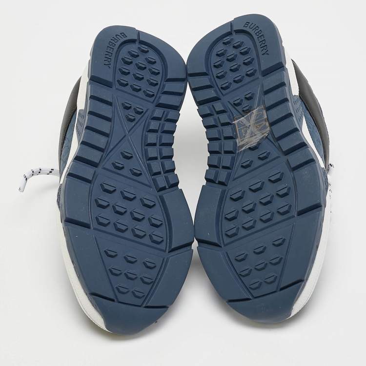 Pre Owned Burberry Blue/Black TB Monogram Fabric and Leather Brockton Sneakers Size 27