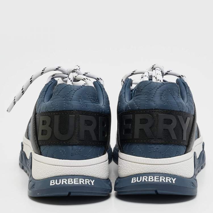 Pre Owned Burberry Blue/Black TB Monogram Fabric and Leather Brockton Sneakers Size 27