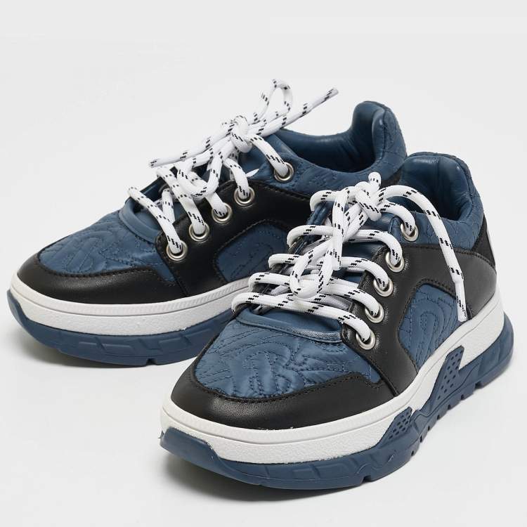 Pre Owned Burberry Blue/Black TB Monogram Fabric and Leather Brockton Sneakers Size 27