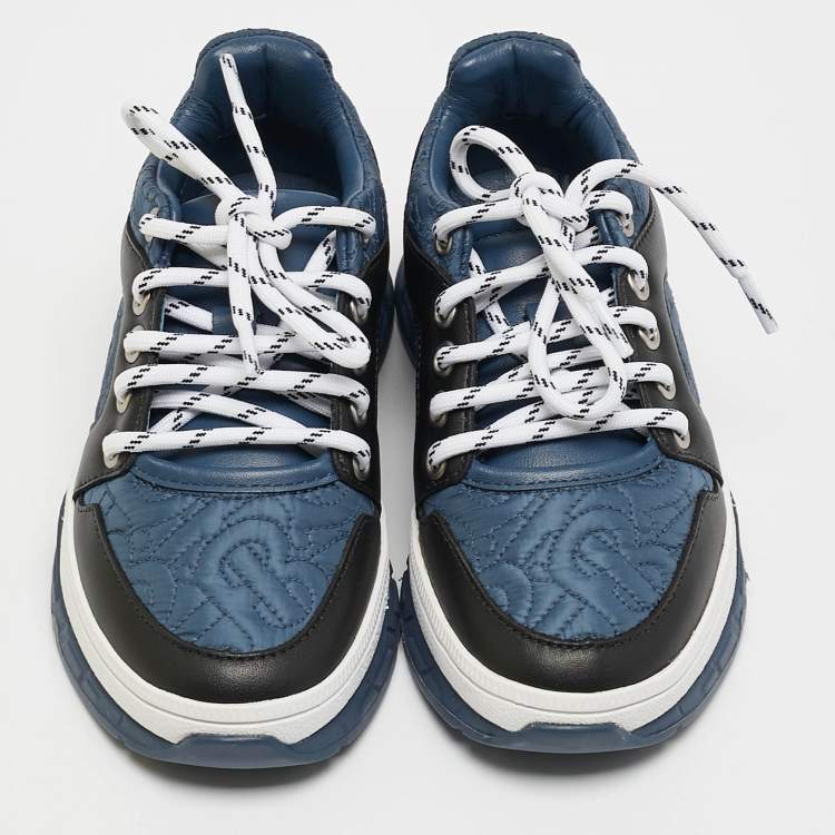 Pre Owned Burberry Blue/Black TB Monogram Fabric and Leather Brockton Sneakers Size 27