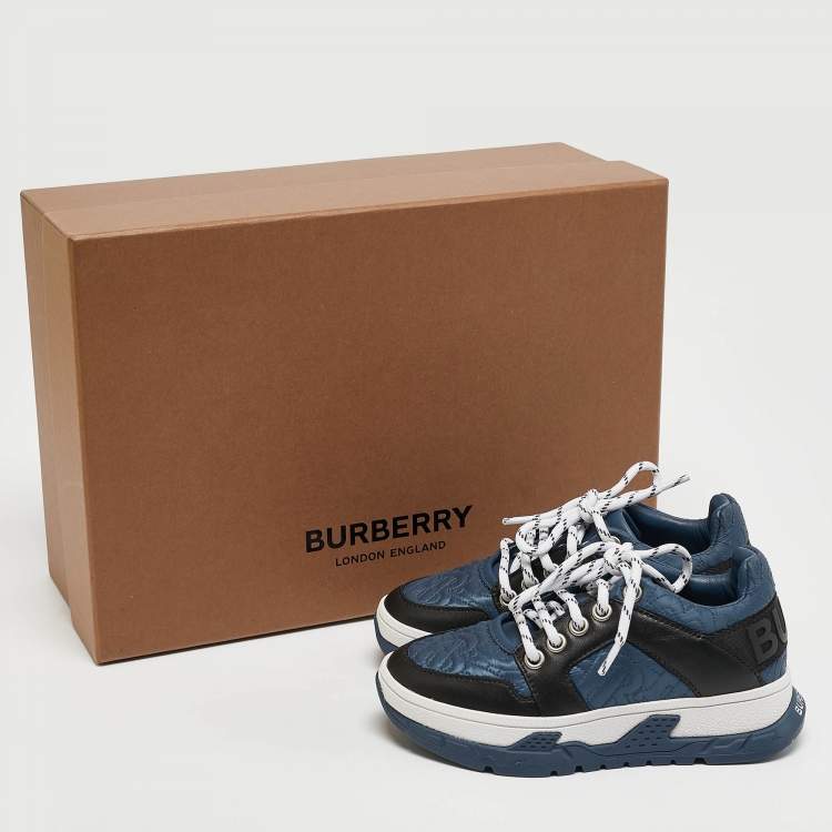 Pre Owned Burberry Blue/Black TB Monogram Fabric and Leather Brockton Sneakers Size 27