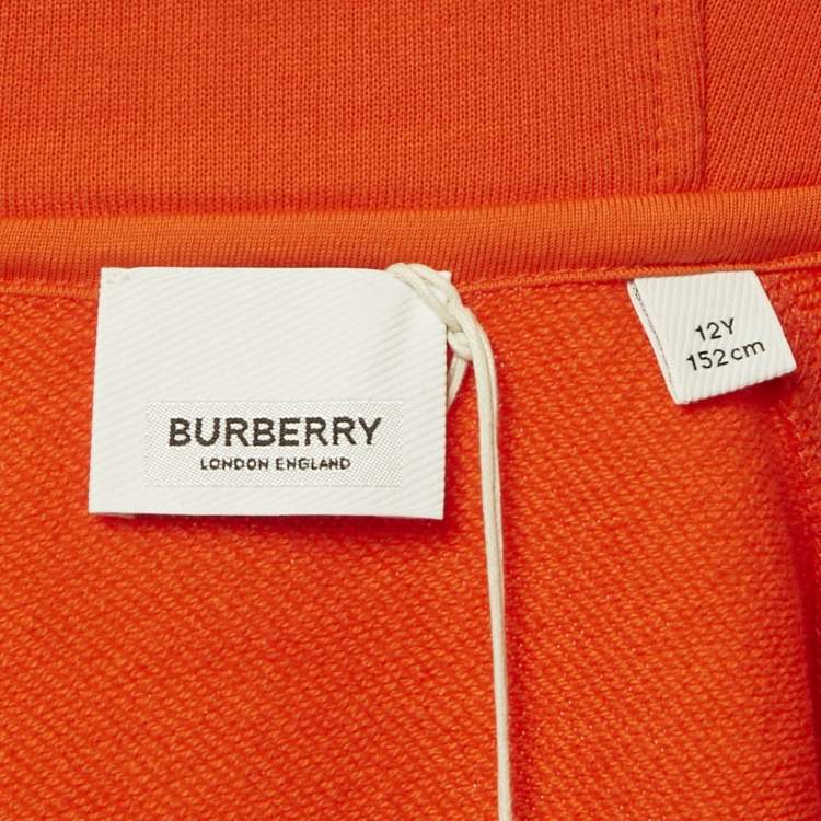 Pre Owned Burberry Orange Logo Embroidered Cotton Zip-Up Hoodie 12Yrs