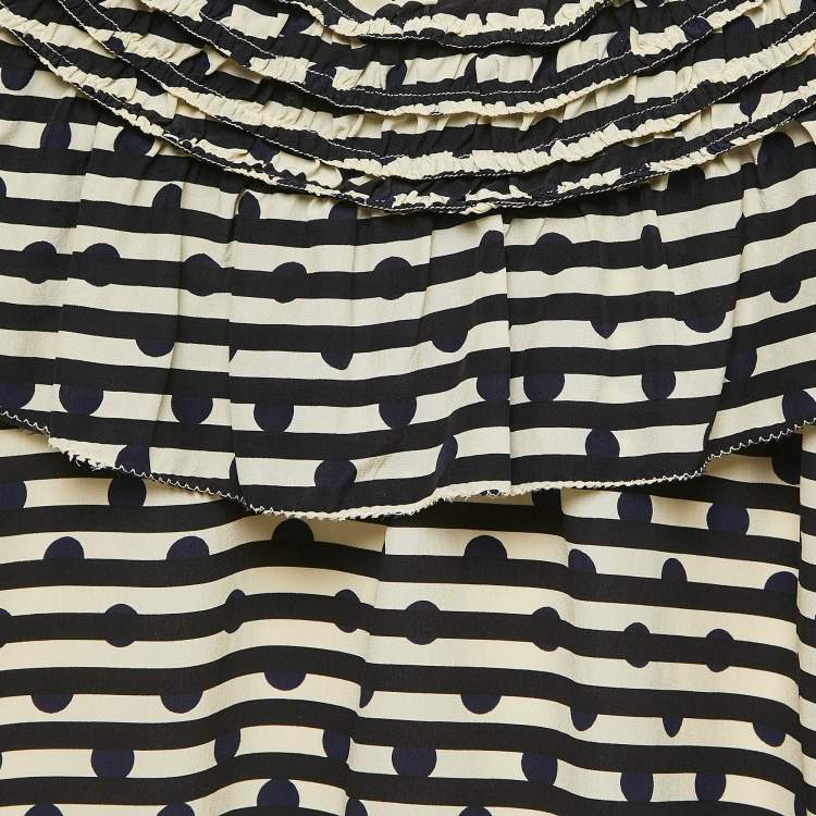 Pre Owned Burberry Kids Cream/Black Striped Silk Ruffed Dress 12 Yrs 