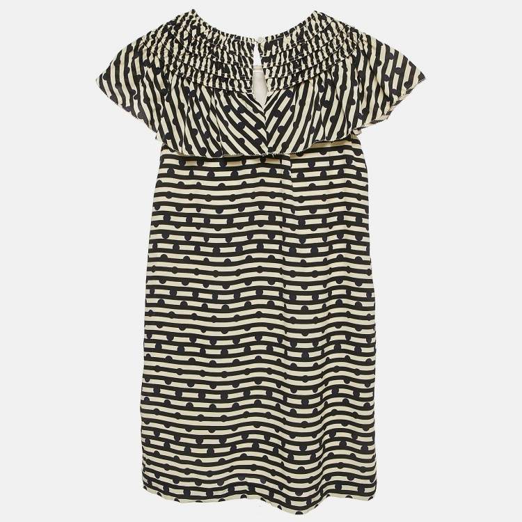 Pre Owned Burberry Kids Cream/Black Striped Silk Ruffed Dress 12 Yrs 